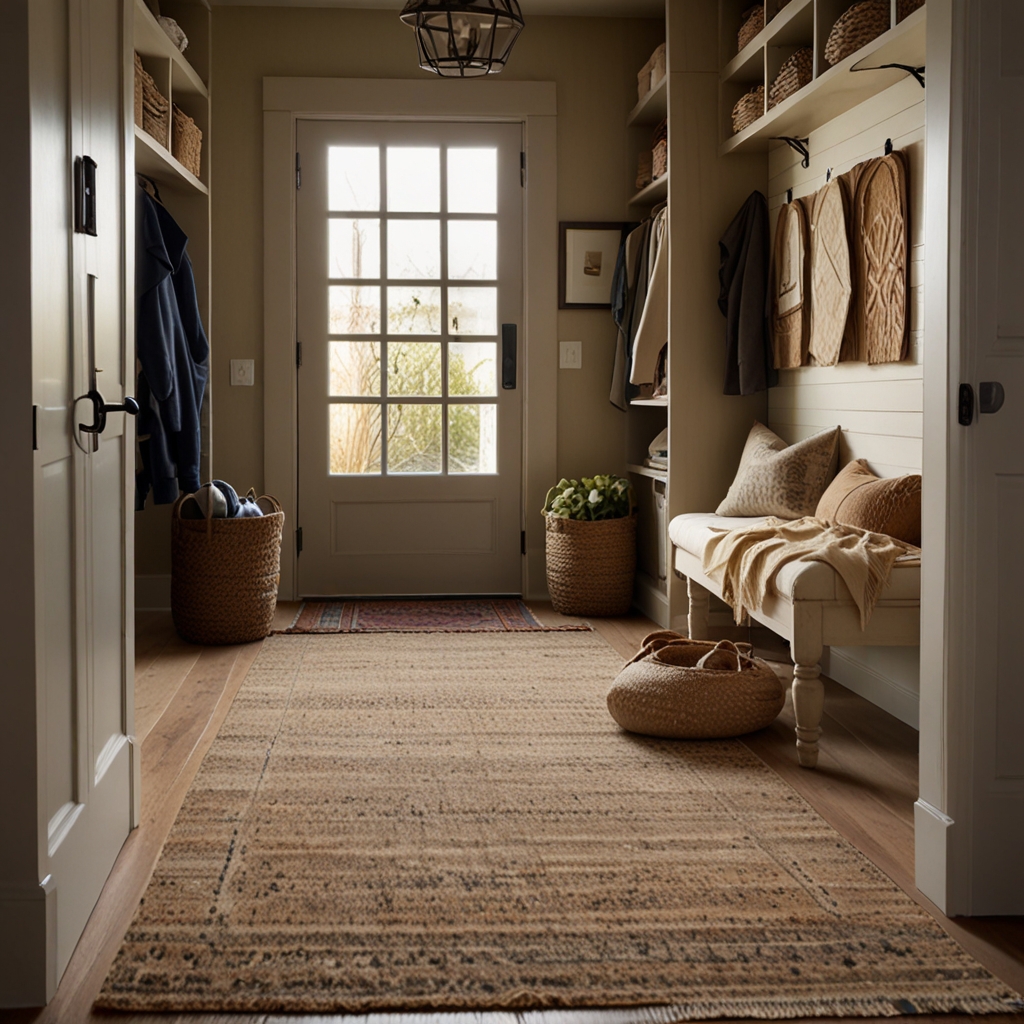 A cozy mudroom with layered rug one patterned, one solid. Soft lighting highlights the texture and warmth of the fabric.