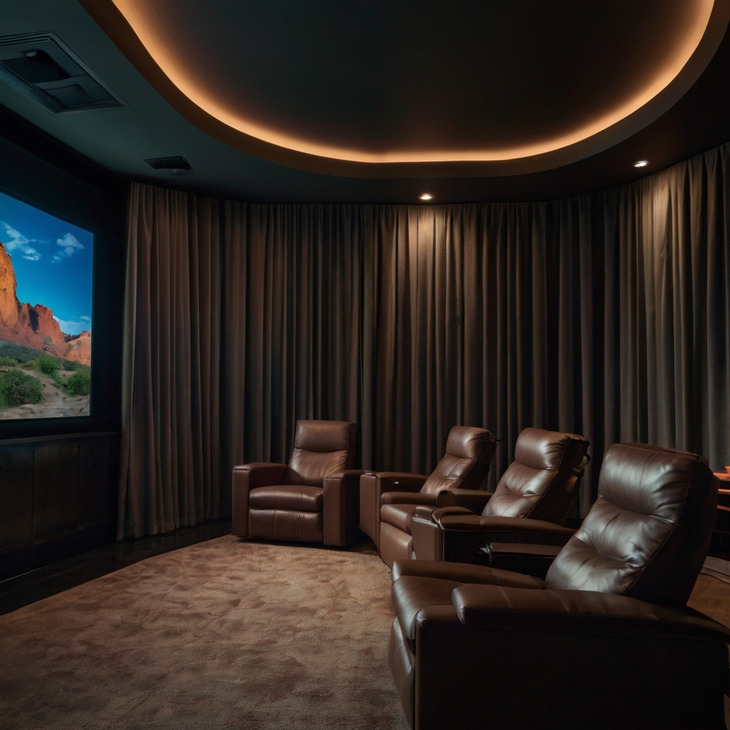 Home theater room with reclining leather seats and a large screen. Dimmed lighting and dark curtains add to the cinematic feel.