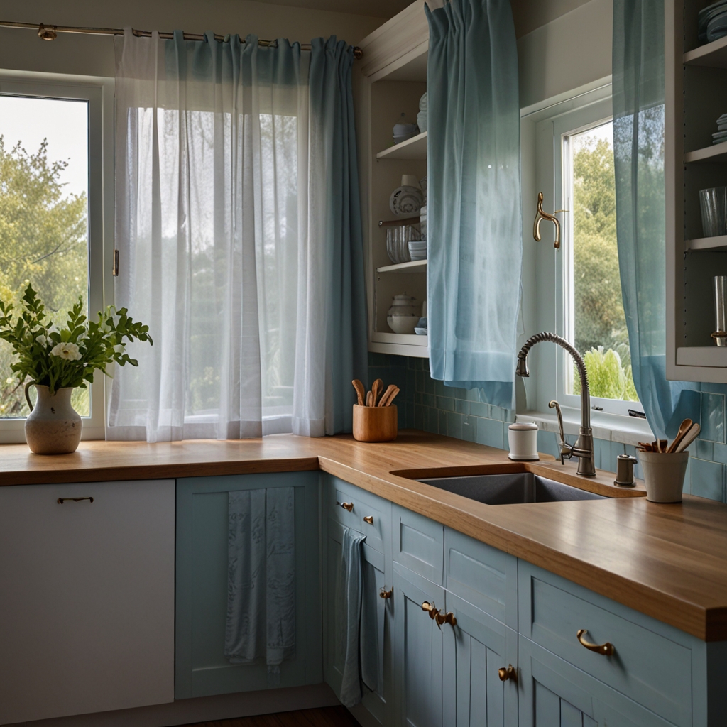 Create a peaceful atmosphere with light blue sheer curtains. Their soft, pastel hue and delicate fabric bring tranquility to your kitchen.