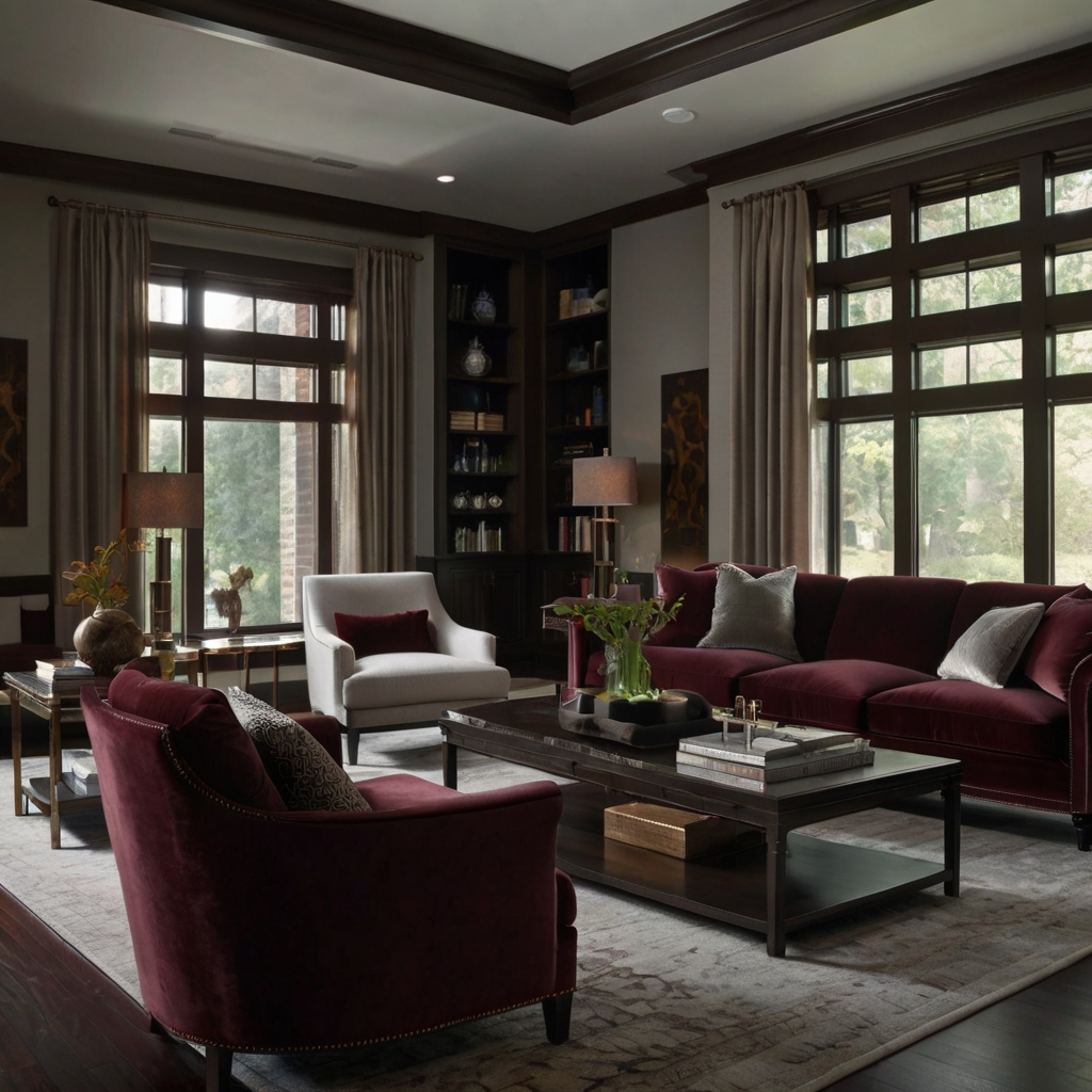 Light gray walls with deep burgundy trims create a bold, luxurious atmosphere. This combination works well in living rooms or studies, adding a dramatic flair.