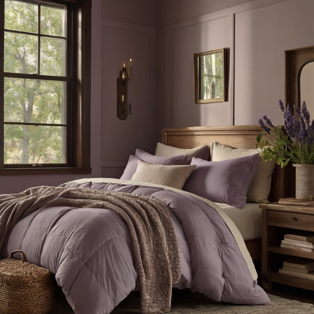 Light lavender walls with mocha trims offer a serene, calming atmosphere. The soft hues and earthy borders make this a perfect choice for bedrooms or peaceful corners.