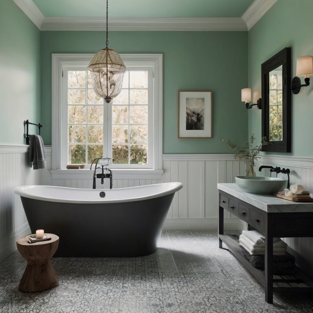 Mint-colored walls with charcoal trims offer a calm and fresh atmosphere. The contrast of dark and light makes it a perfect choice for bathrooms or nurseries.