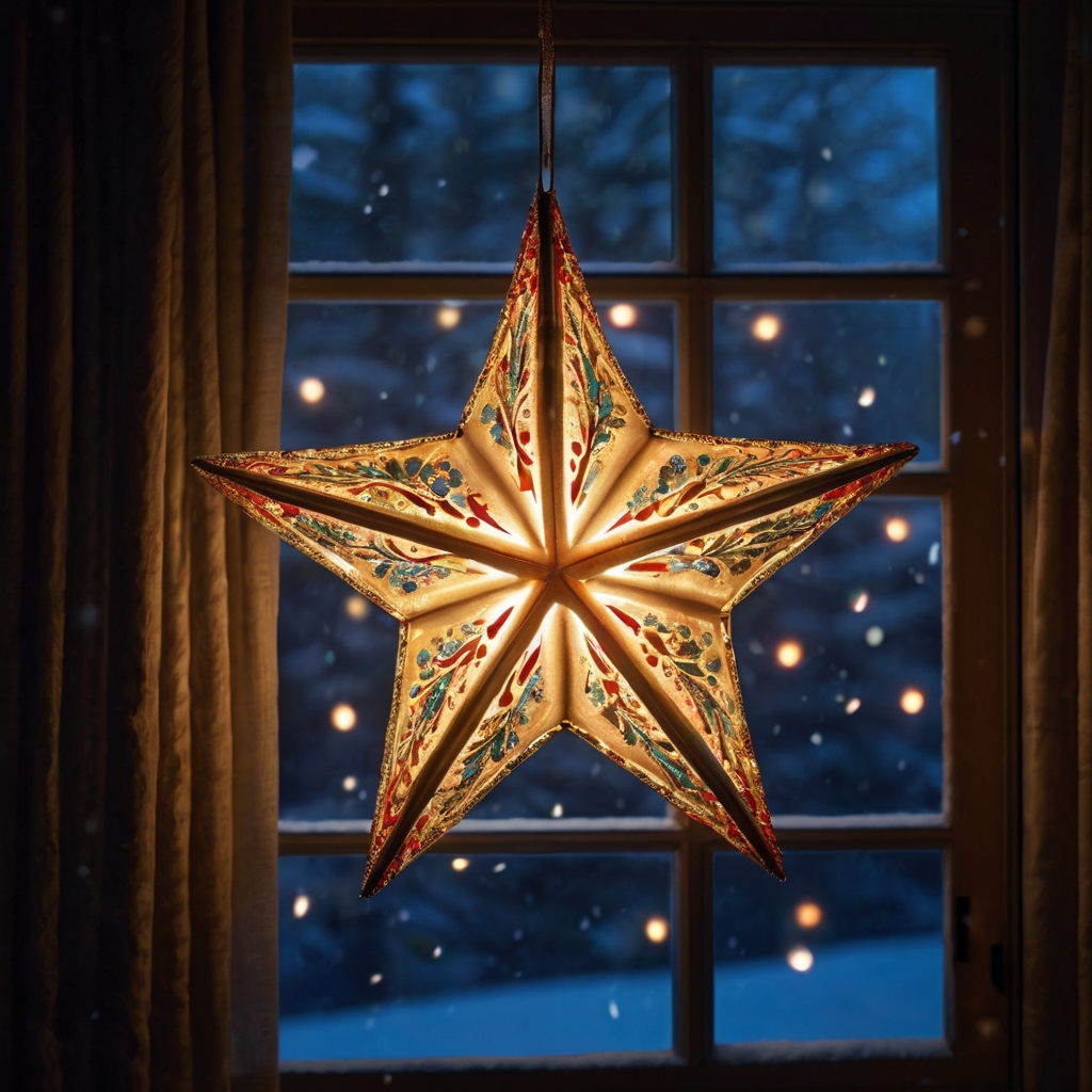 A glowing light-up Christmas star hanging in a window, casting a soft glow across the room. The surrounding cozy decor and twinkling lights enhance the festive, magical vibe.