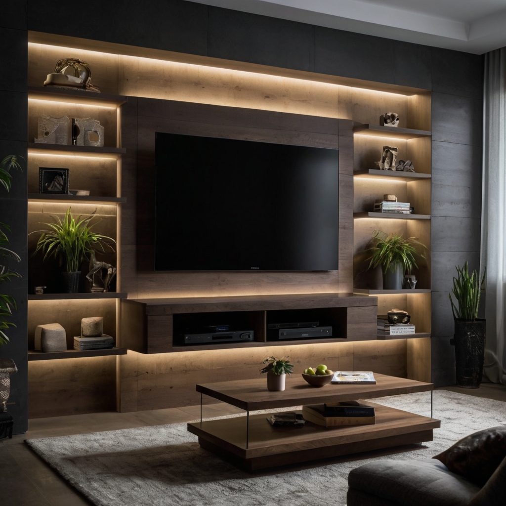 A built-in TV unit enhanced with integrated lighting for a dramatic effect. LED strips or spotlights create a bold ambiance, perfect for movie nights or showcasing decor.