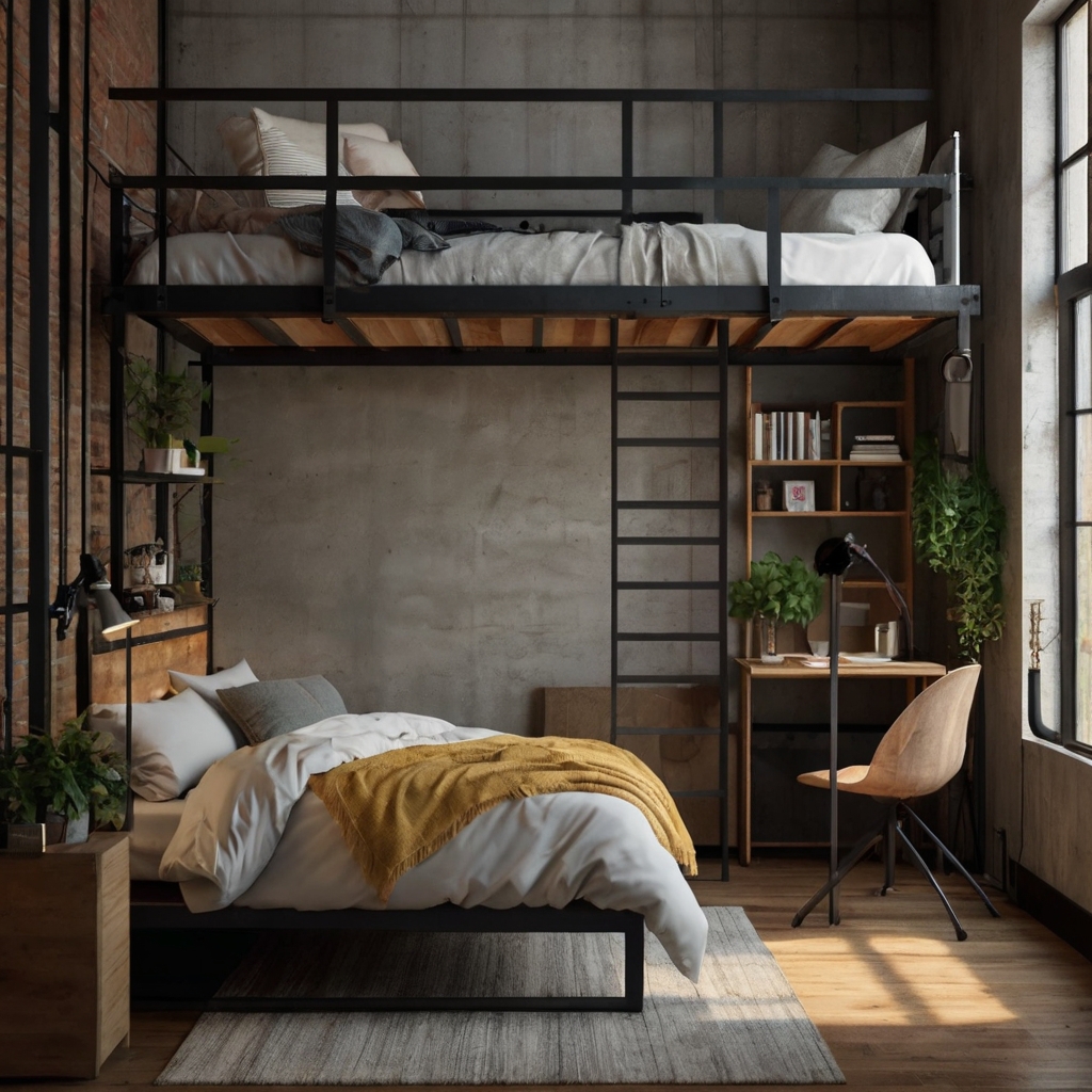 Space-saving loft-style bed elevated for additional storage or workspace, ideal for small apartments or bedrooms.