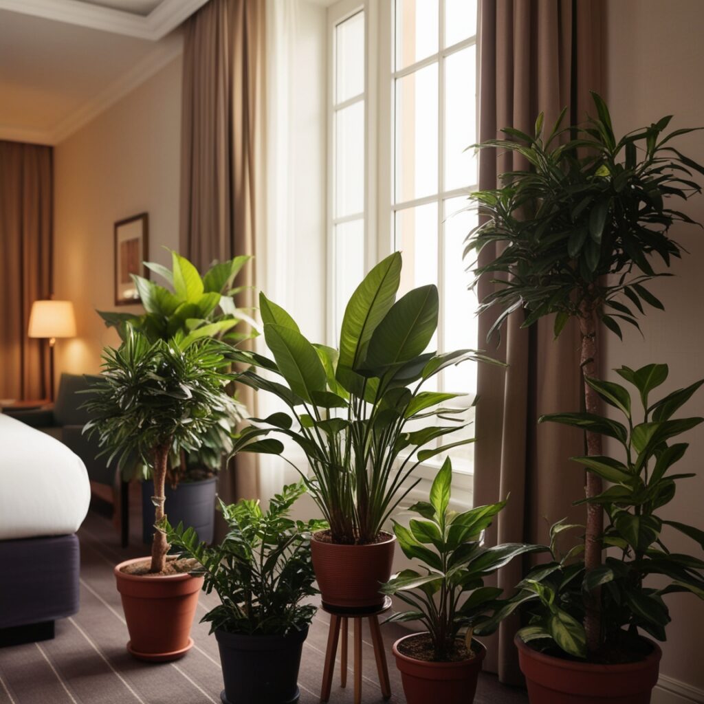 Potted plants placed around the room, adding fresh greenery and a natural touch to the romantic and cozy atmosphere.