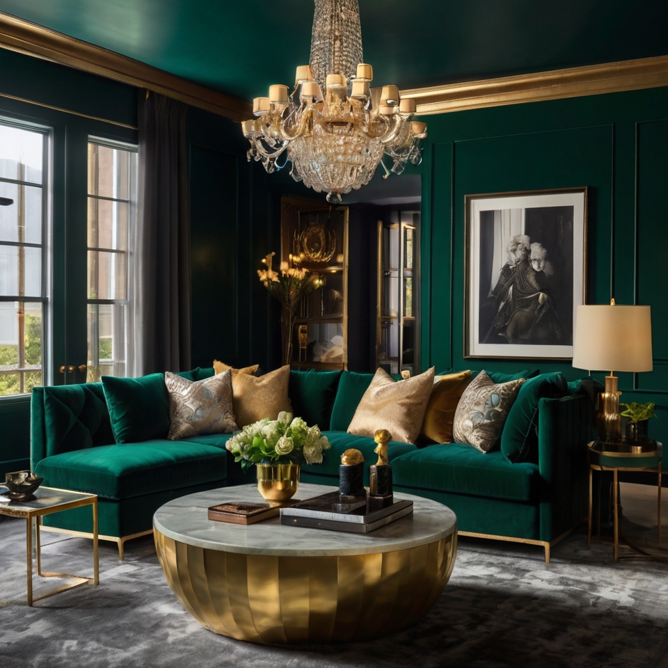 Luxurious green-walled TV room with velvet sofas and gold-accented decor. Soft, ambient lighting adds elegance to this sophisticated space.