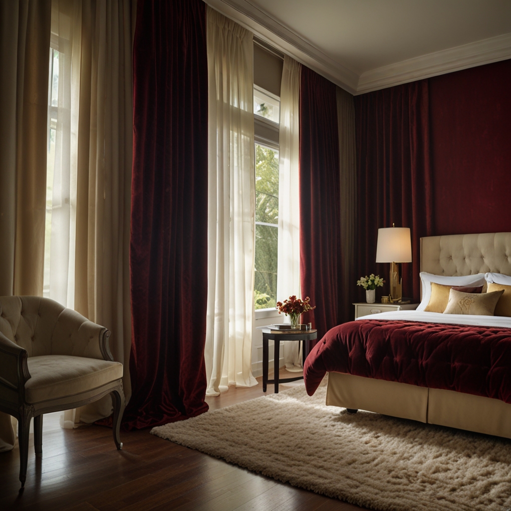 Floor-to-ceiling velvet curtains add luxury, while sheer layers offer a fresh, airy feel and privacy when needed.