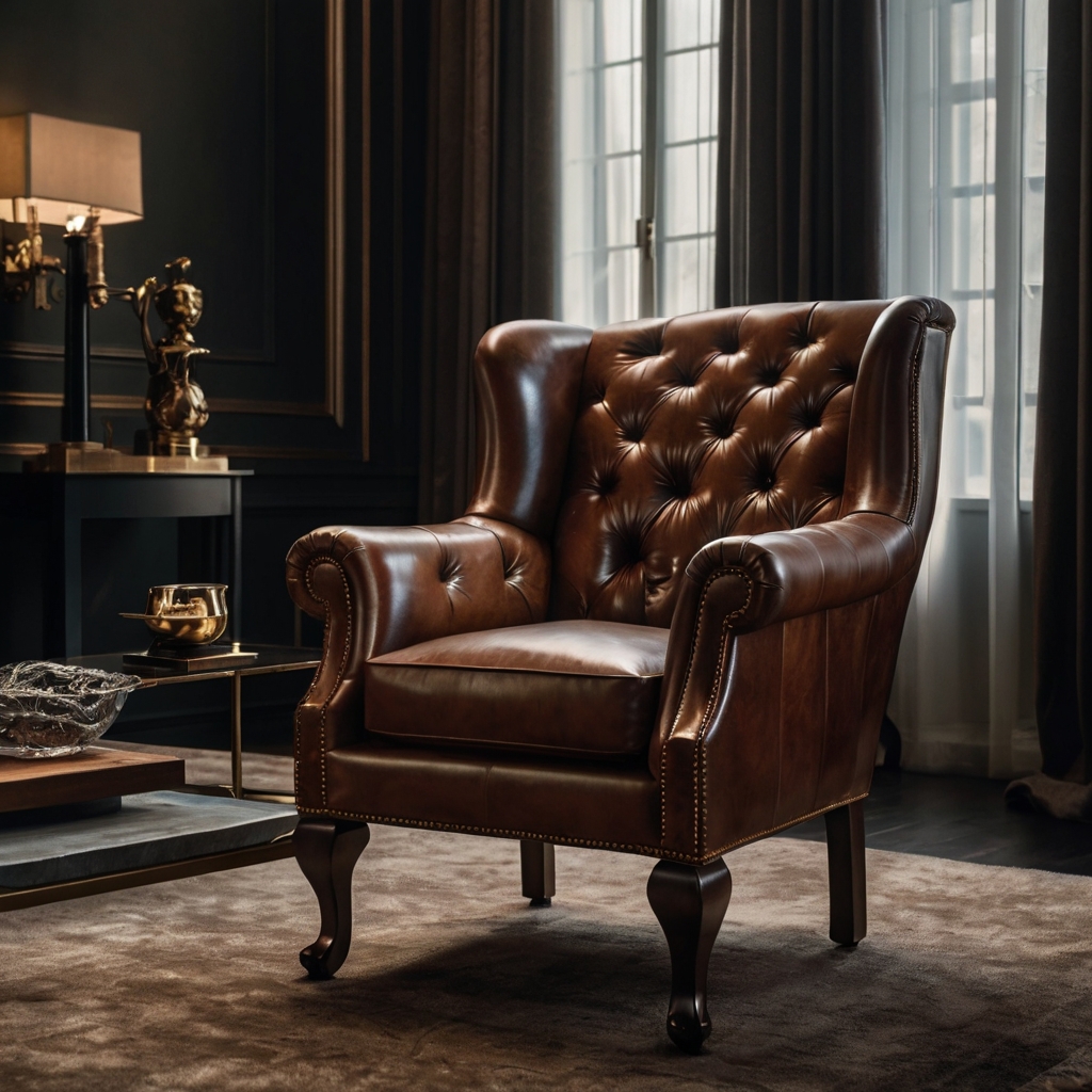 Timeless leather armchair with rich, textured leather, adding luxury and sophistication to living rooms or reading nooks.