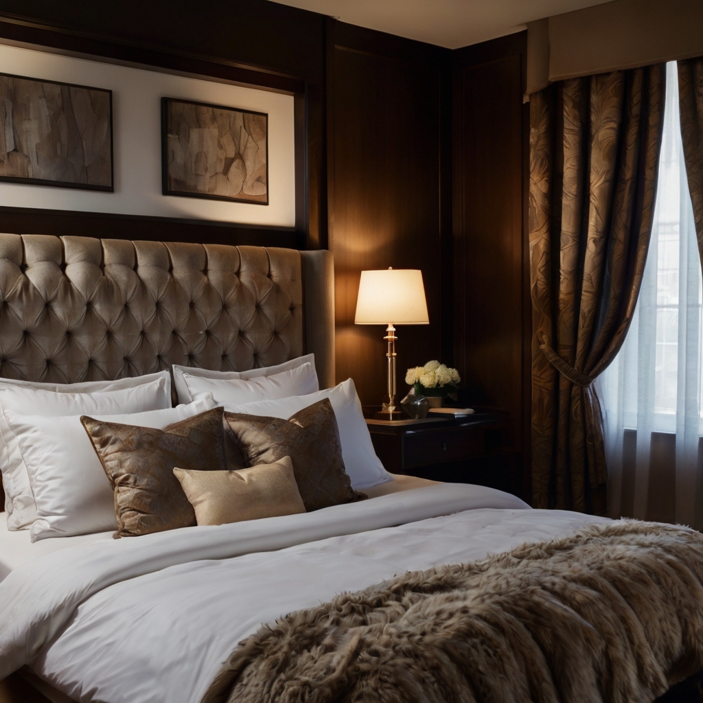 A luxurious bed with high-thread-count sheets, plush pillows, and a thick comforter, inviting relaxation and comfort.