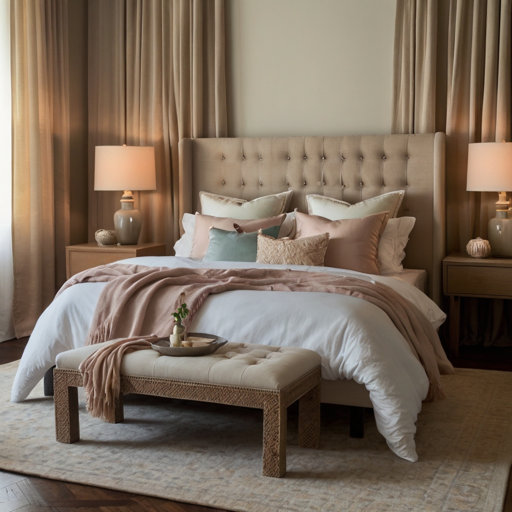 High-quality bedding made of Egyptian cotton or linen, adding softness and elegance to the master bedroom.