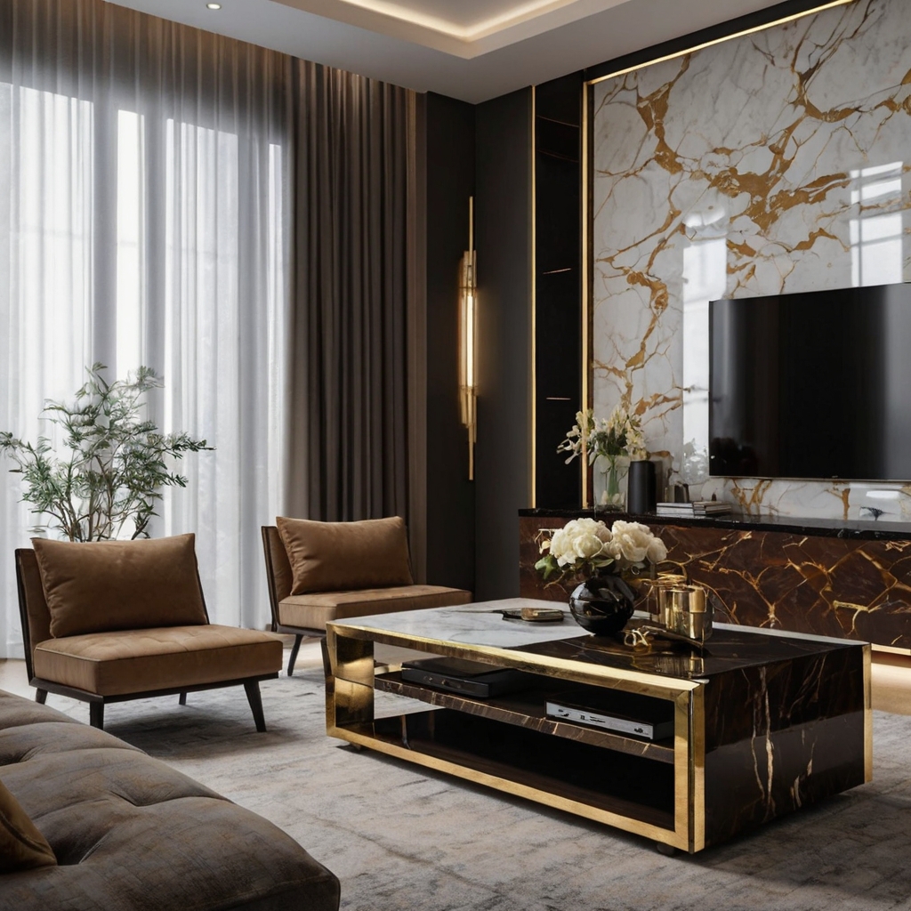 A luxurious TV unit featuring marble accents for a touch of sophistication. The timeless material elevates the space, adding elegance to both modern and classic interiors.