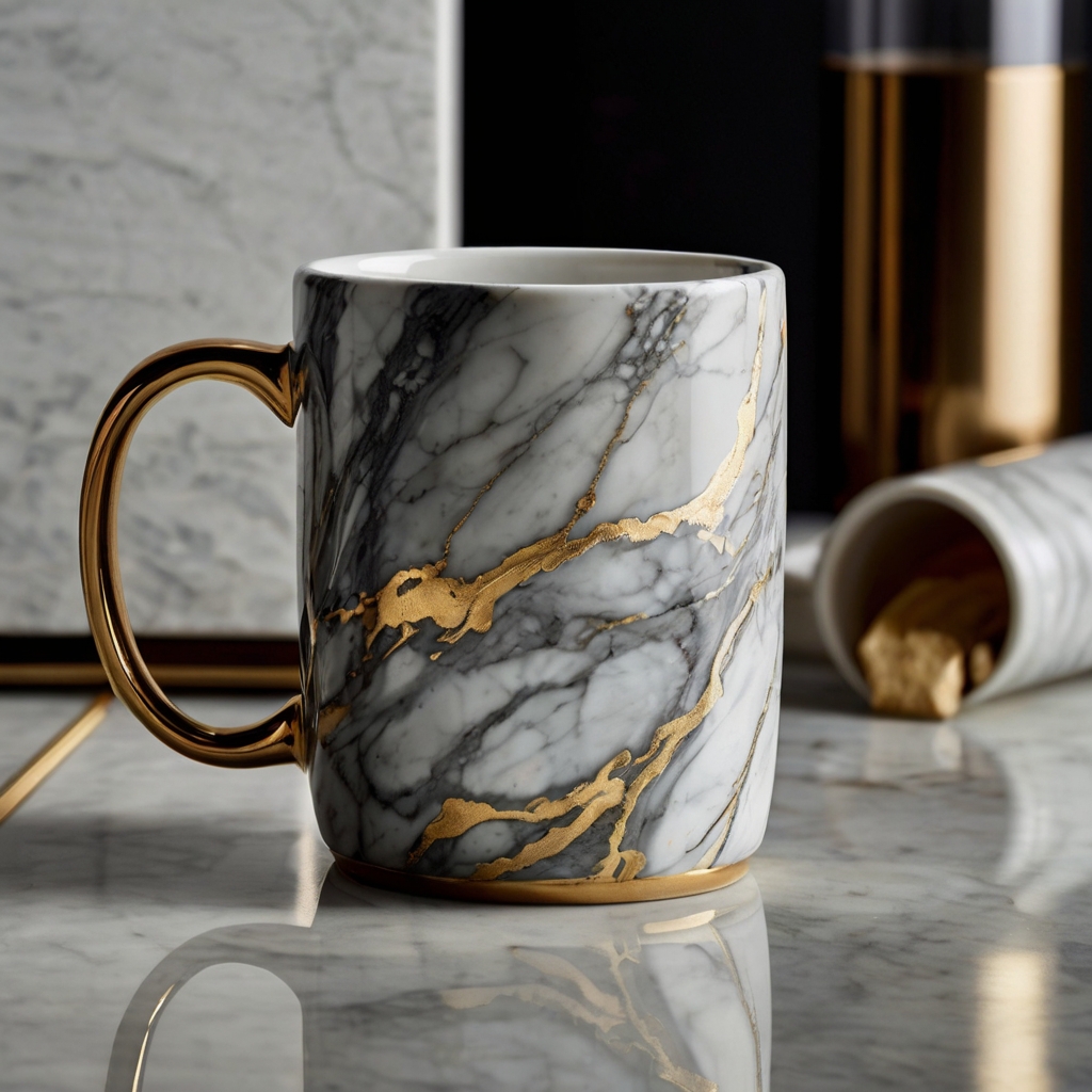 Luxurious marble-effect ceramic mug with swirls of white, gray, and gold, reflecting soft light off its smooth, glossy surface.