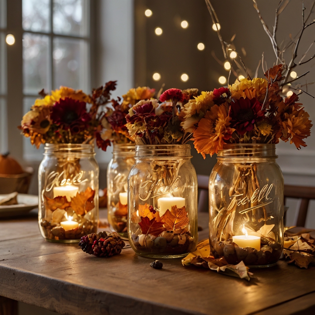 Mason jars filled with fall-colored flowers and small fairy lights serve as charming centerpieces. Personal touches like ribbons or tags make the jars feel special and festive.