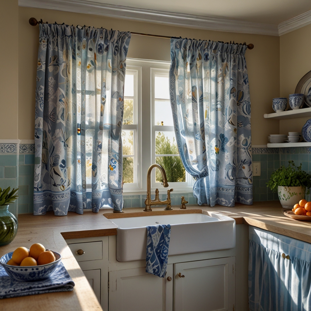 Bring a touch of the seaside into your kitchen with Mediterranean-inspired curtains. Light blues and whites evoke a calming coastal atmosphere.