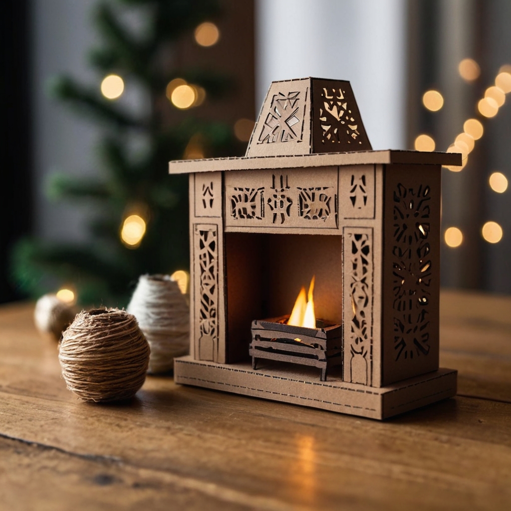 A tiny cardboard fireplace ideal for desks or shelves. Decorated with miniature stockings and holiday garlands.