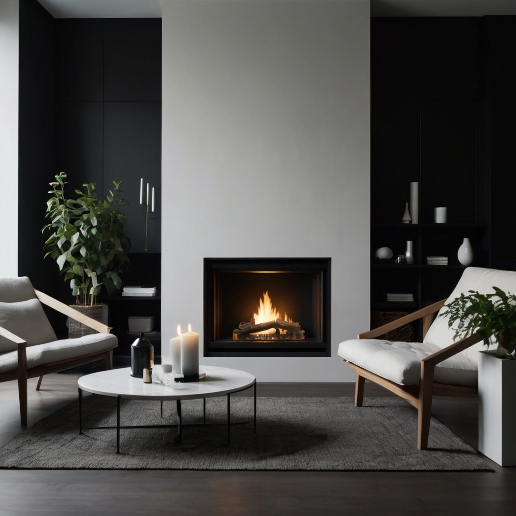 Matte black cardboard fireplace with clean lines and minimalist design. Perfect for modern and urban settings.