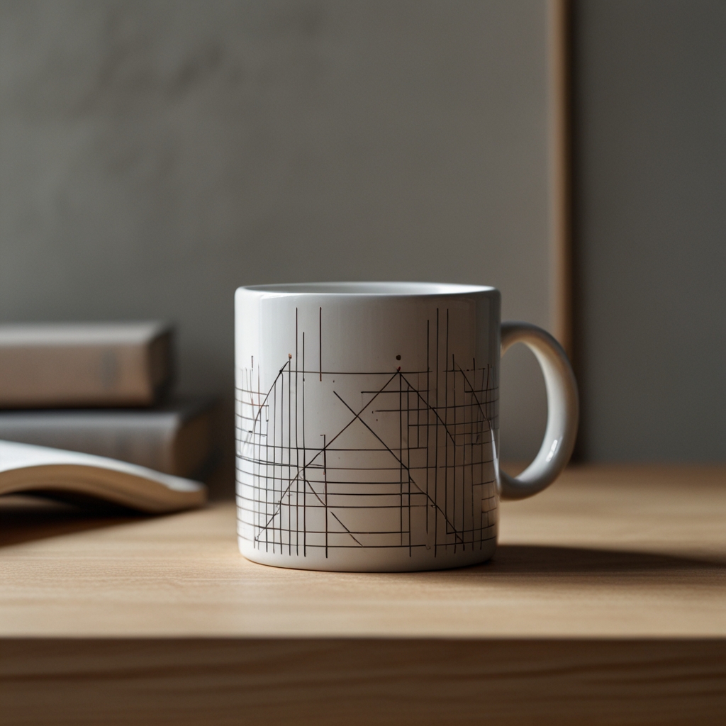 A sleek ceramic mug with thin, black lines forming minimalist geometric patterns, reflecting soft natural light on its smooth surface.