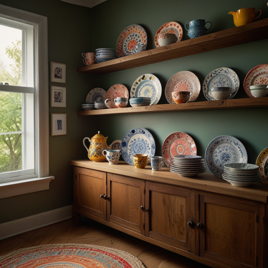 Colorful, patterned plates displayed on open shelves create a cozy look. This mix-and-match style adds vibrant, casual charm.