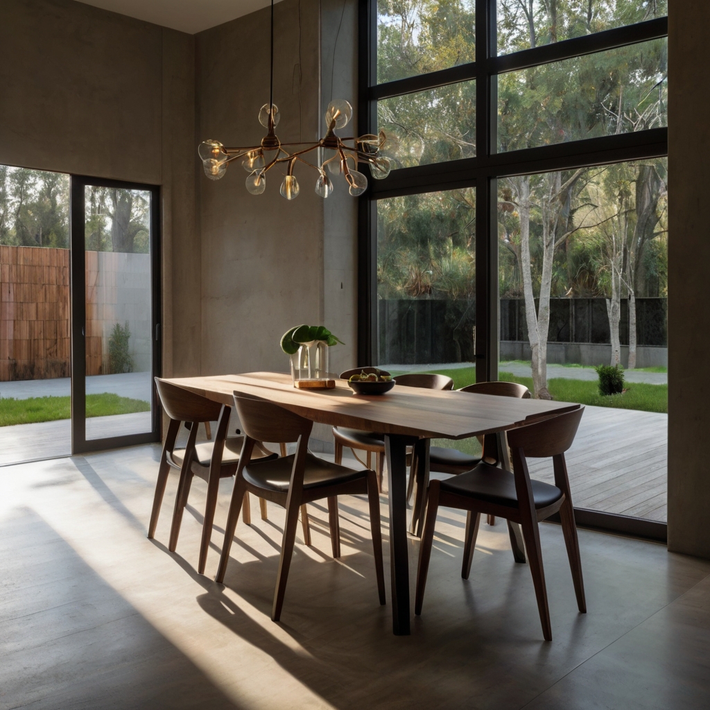 Sleek modern dining chairs made from wood or metal, offering a minimalist yet inviting touch to contemporary dining rooms.