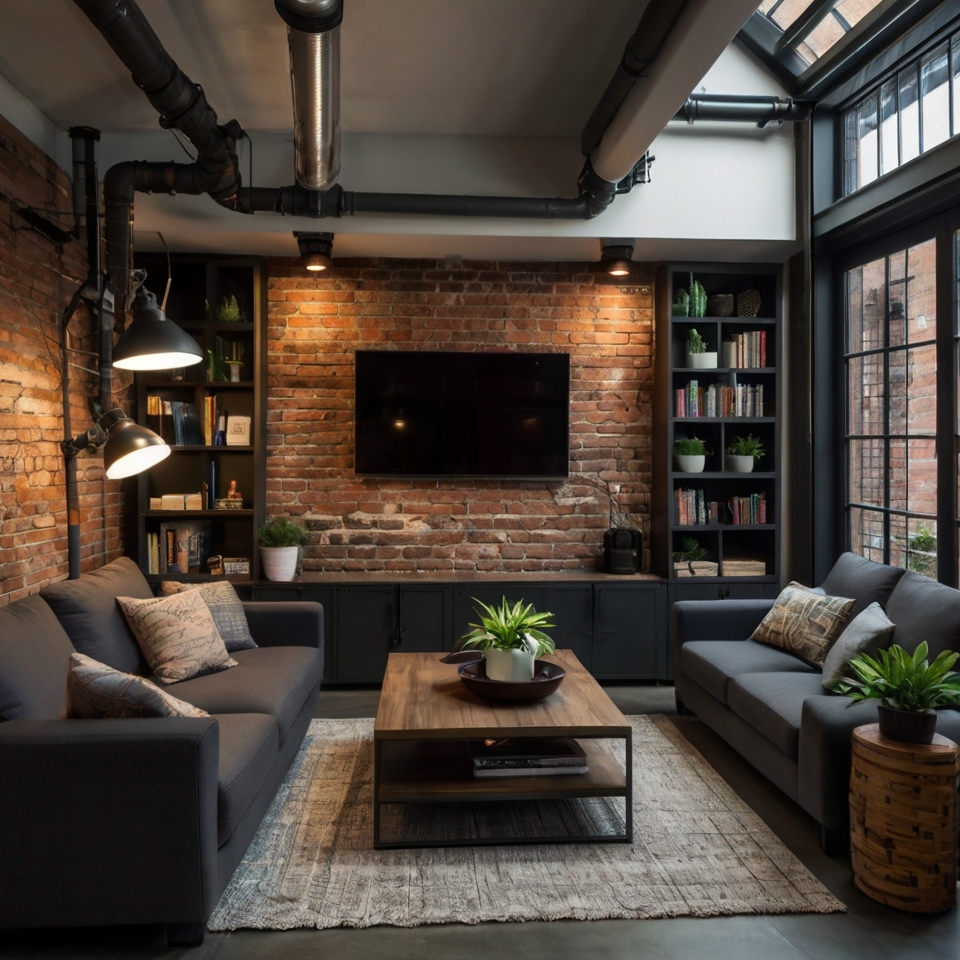 Industrial TV room with exposed brick and metallic accents, blending raw textures with modern comfort. Dim, warm lighting highlights rugged details.