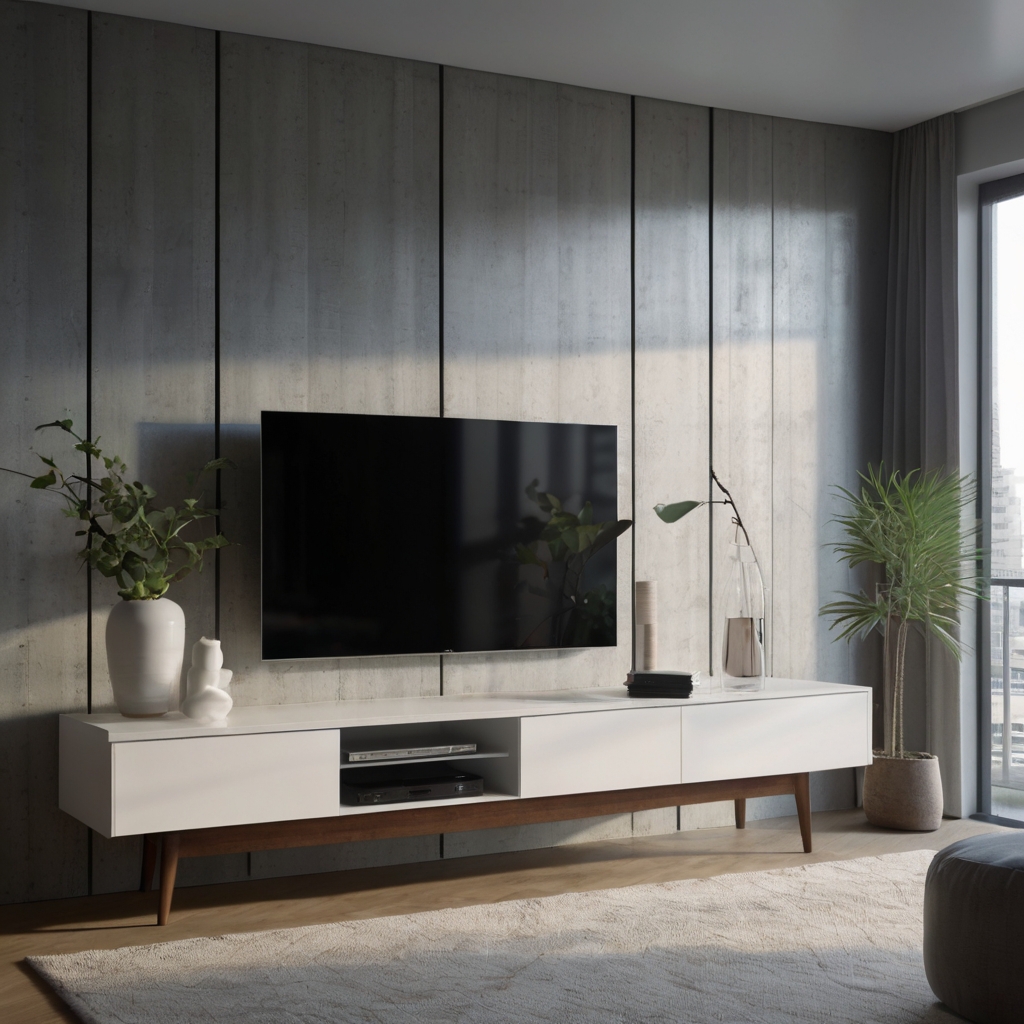 A sleek, unadorned built-in TV unit with white and frosted finishes for a contemporary, clean aesthetic. Perfect for minimalist homes that value simplicity and functionality.