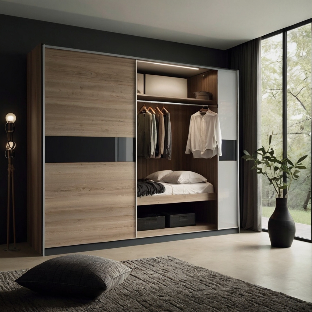 Sleek modern wardrobe with sliding doors and functional storage, creating an organized and stylish space for your bedroom.