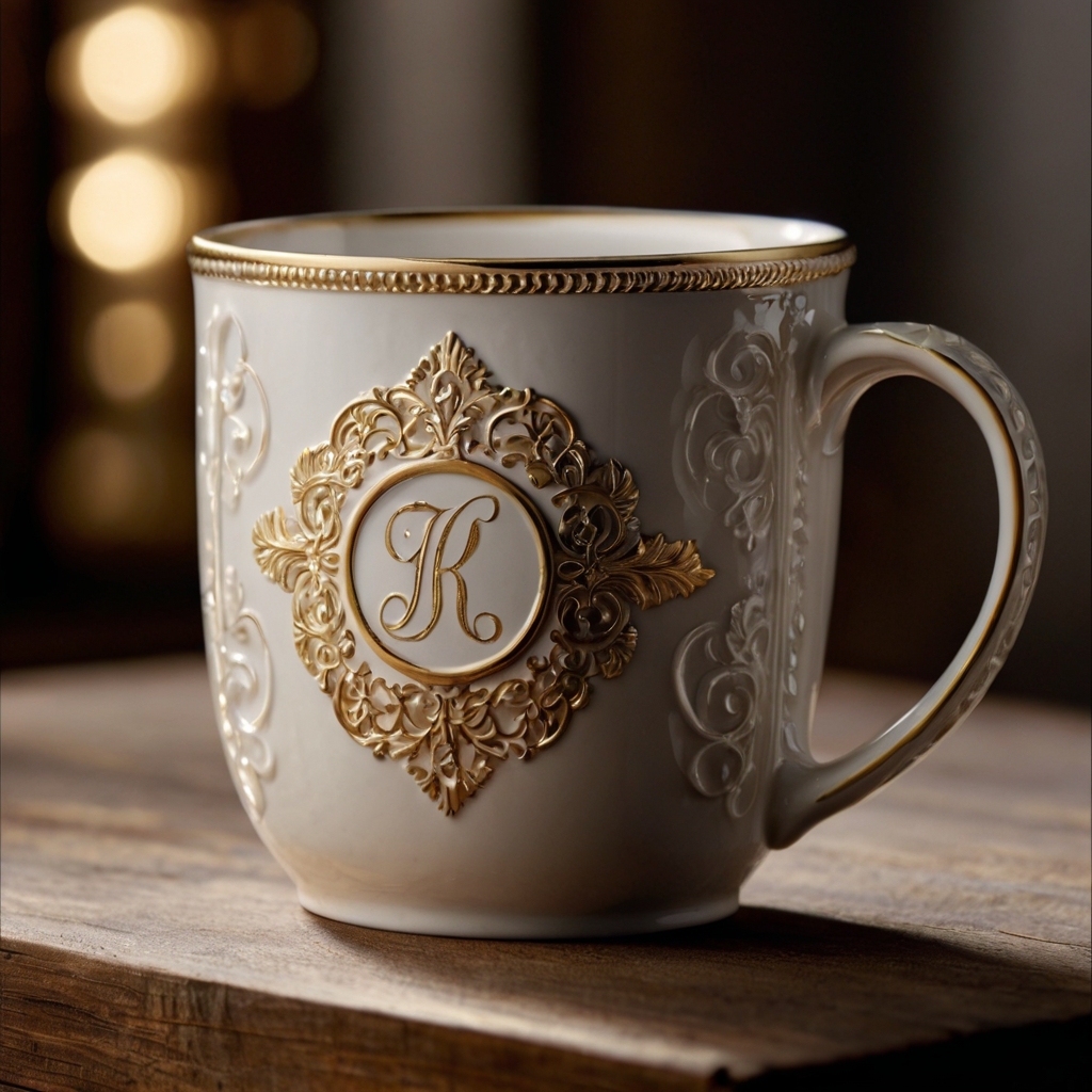 Elegant monogram in gold or silver calligraphy wraps around a glossy ceramic mug, illuminated by soft, warm light.