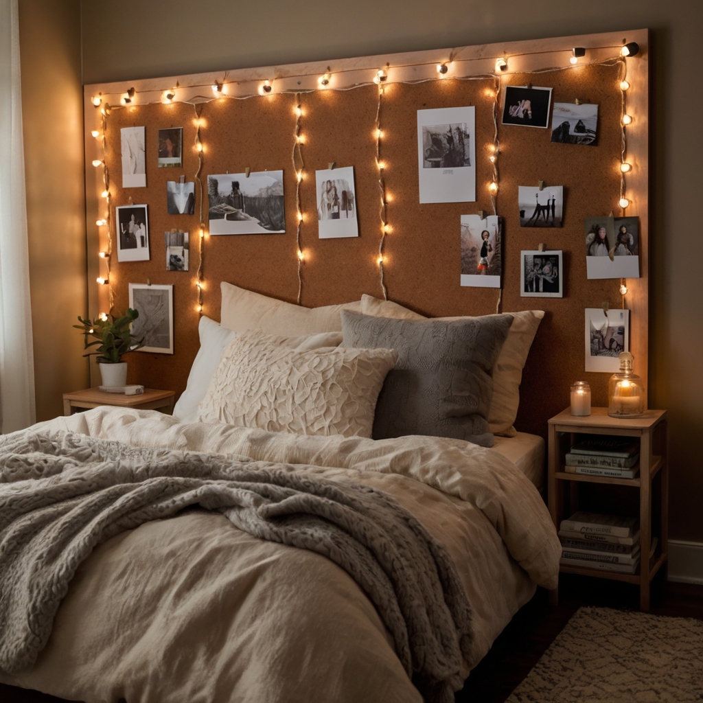 Personalized mood board above the bed displaying travel memories or shared goals, adding a creative touch.