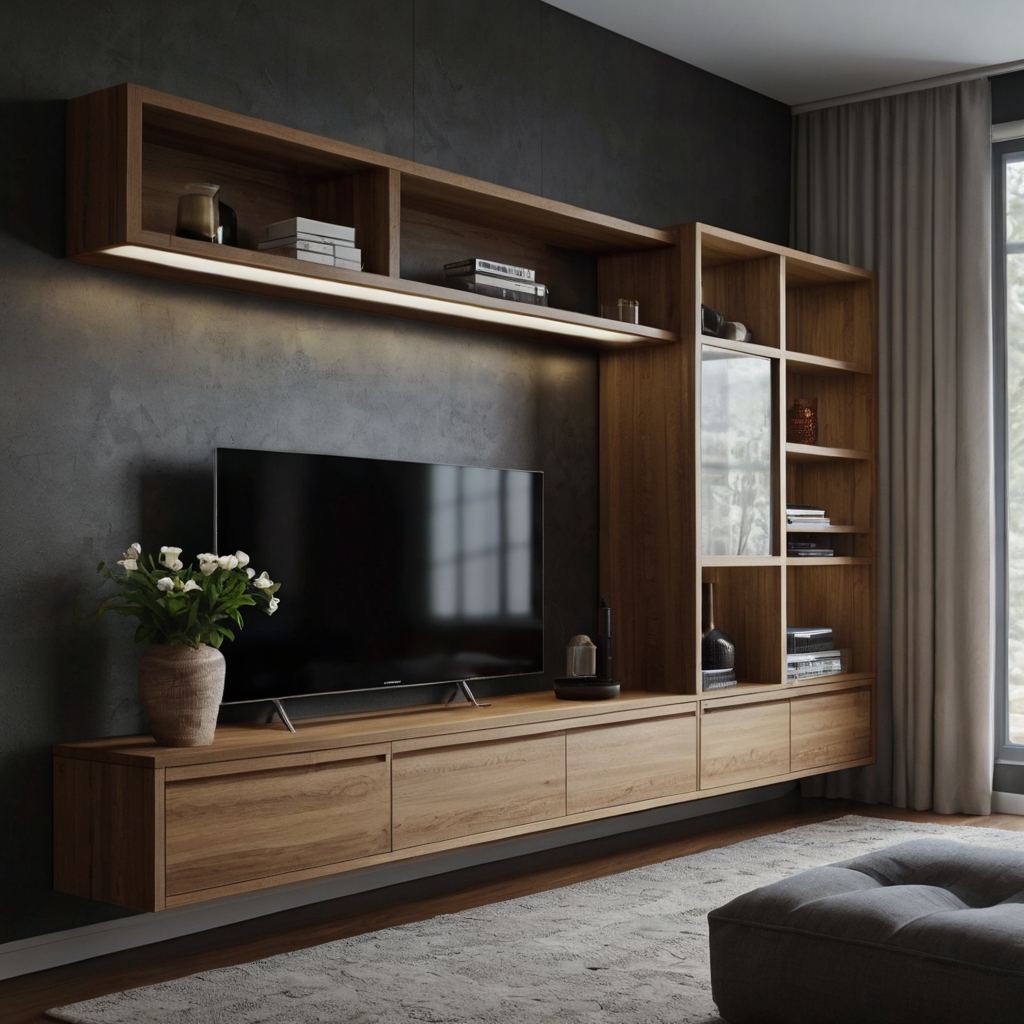 A built-in TV unit with clever hidden drawers and pull-out compartments, providing both style and storage. Perfect for maximizing space while keeping everything organized.