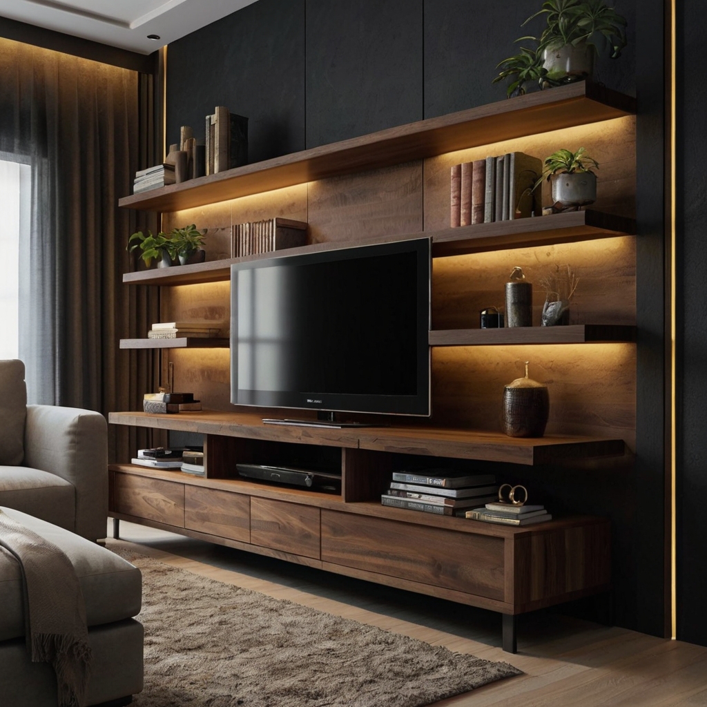 A TV unit with multilayered shelves for added depth and storage. Perfect for modern homes where both functionality and visual appeal are desired.