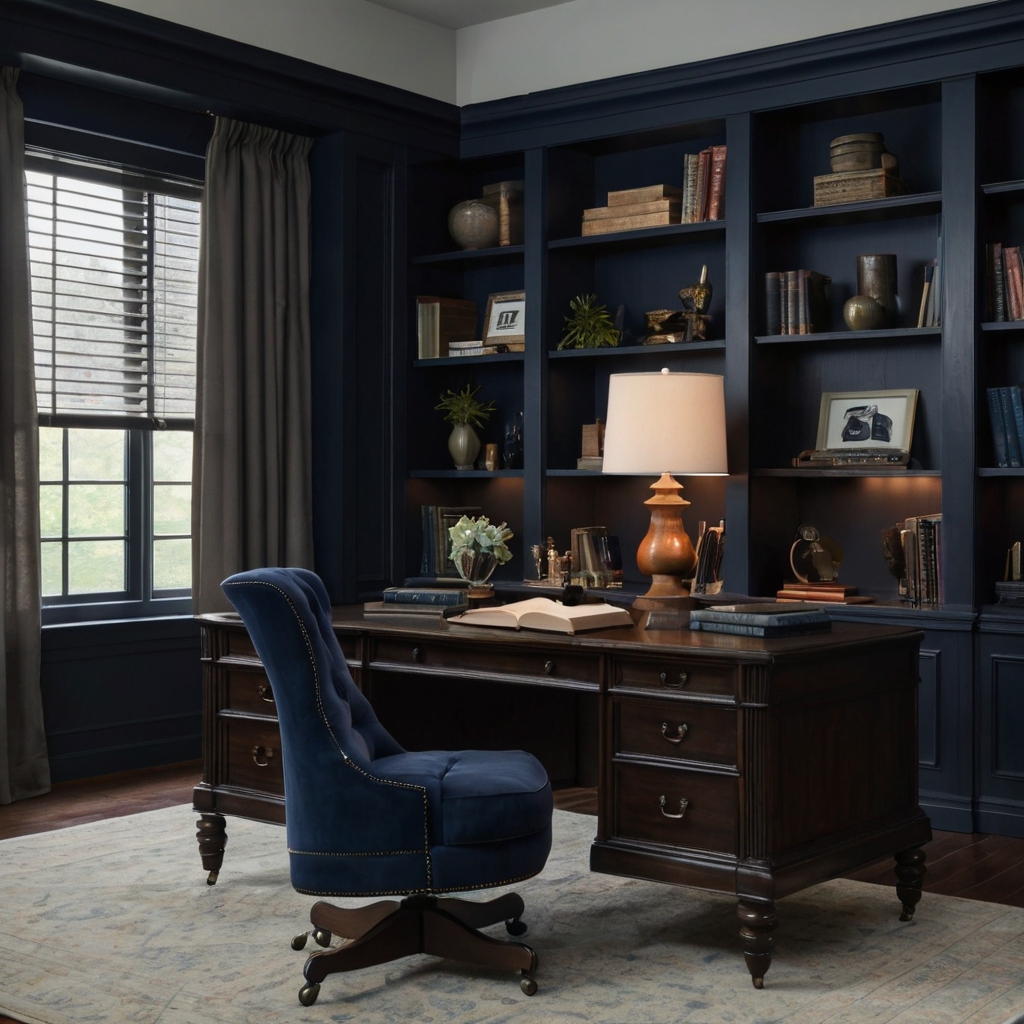 Muted gray walls and navy blue trims create a sophisticated, modern look. Ideal for studies or formal spaces, this combo brings depth and elegance to the room.