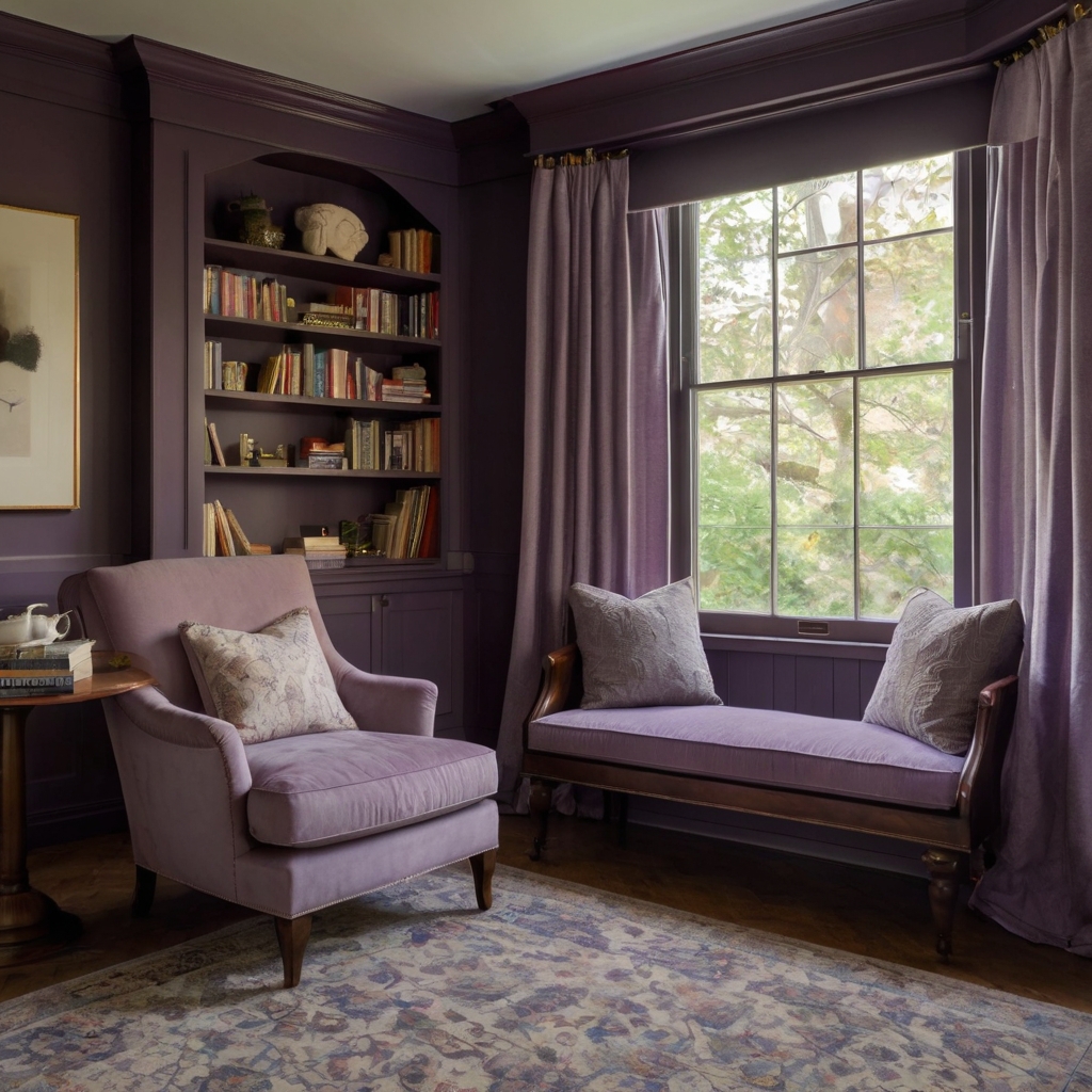 Lavender walls with plum accents bring a sophisticated yet cozy ambiance. The darker trims add luxury and are ideal for bedrooms or reading nooks.