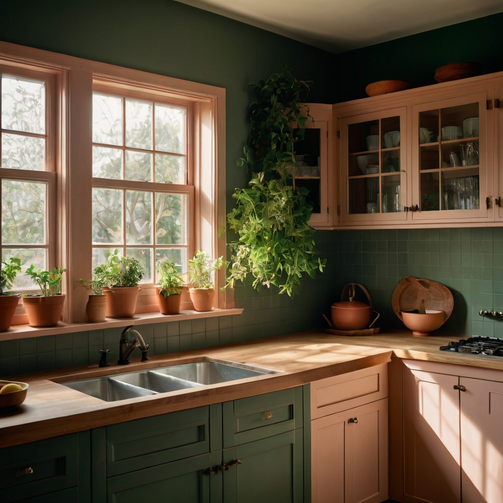 Muted peach walls with deep green trims bring a tropical vibe to any space. The warm peach is beautifully balanced by the rich green, ideal for kitchens or sunrooms.