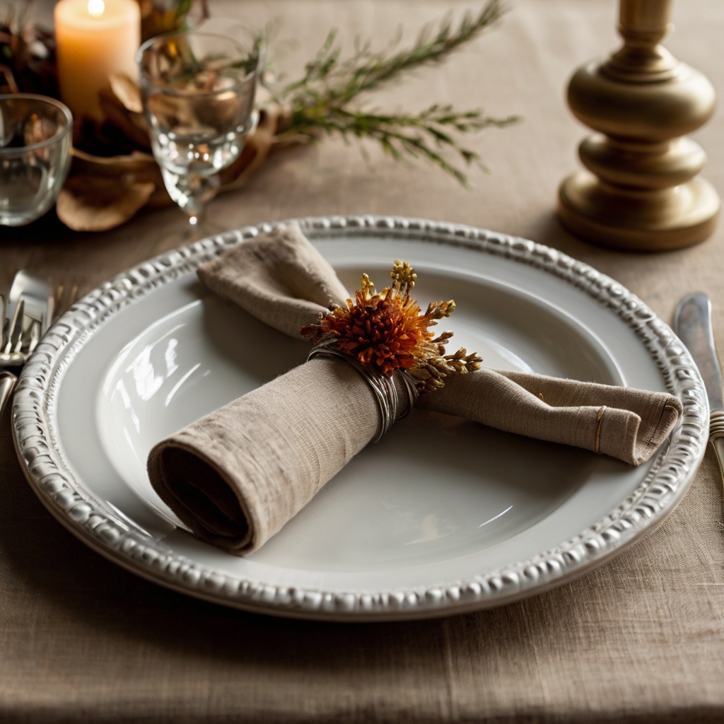 Napkin rings made from dried flowers or beaded wire add a unique, personalized touch. These creative details bring individuality to each guest's setting.