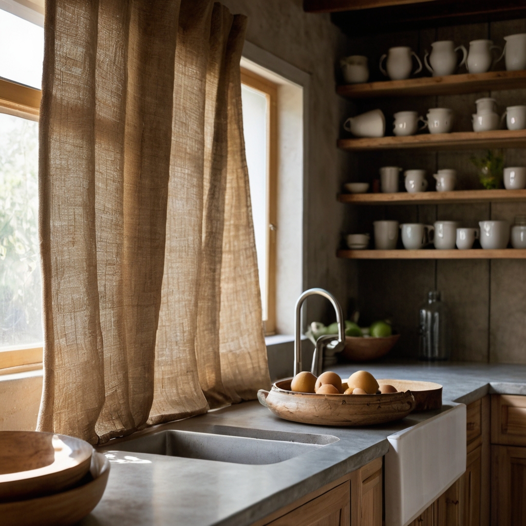 Bring natural beauty into your kitchen with natural hemp curtains. The earthy, textured fabric complements rustic elements for a serene vibe.