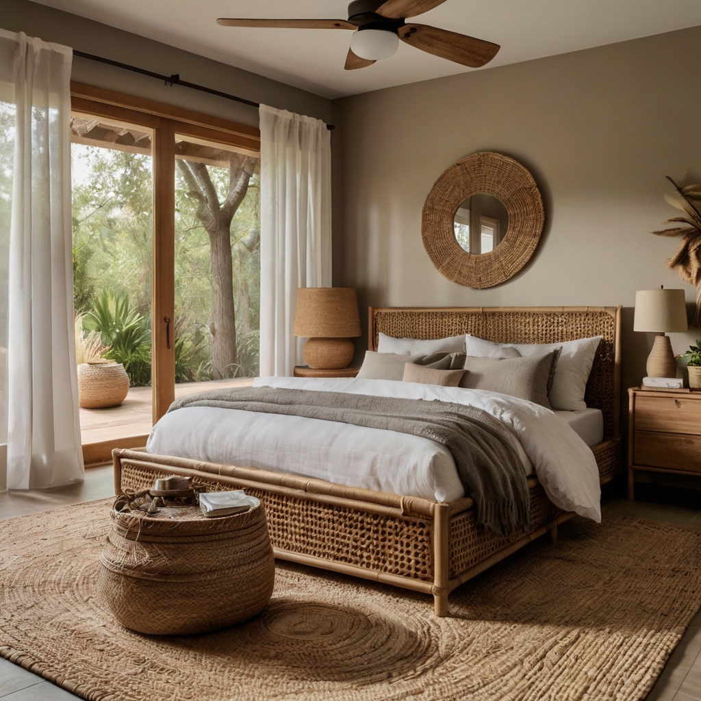 Wood, rattan, and linen materials bring an organic, earthy feel to the room, creating a timeless and grounded vibe.