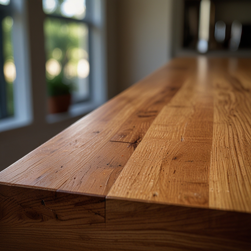 A wooden countertop on the kitchen island adds warmth and texture. Natural wood balances the modern design for a homely feel.