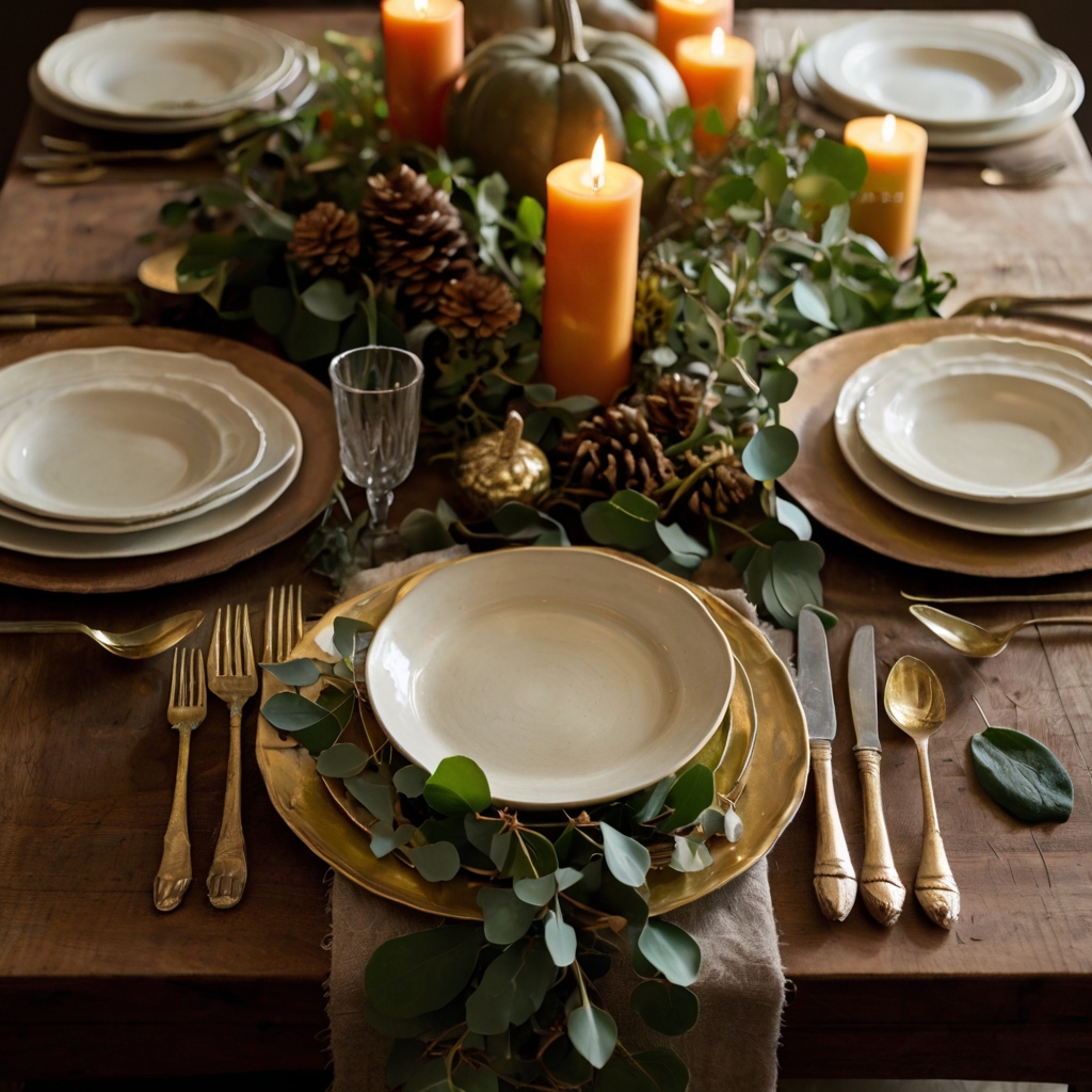 A table runner made from greenery like eucalyptus or magnolia leaves creates an organic look. Pinecones and small pumpkins enhance the natural charm of the decor.