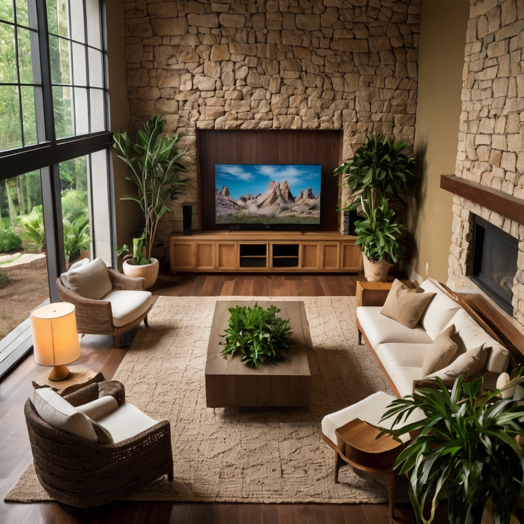 Nature-inspired TV room with plants, earthy tones, and woven textures. Large windows allow natural light, adding warmth to the retreat.