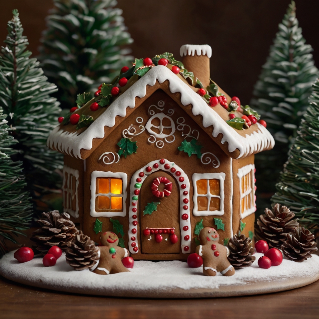 A gingerbread house surrounded by pine trees, holly, and berries, painted in green and red. Warm lighting highlights the natural holiday decor.