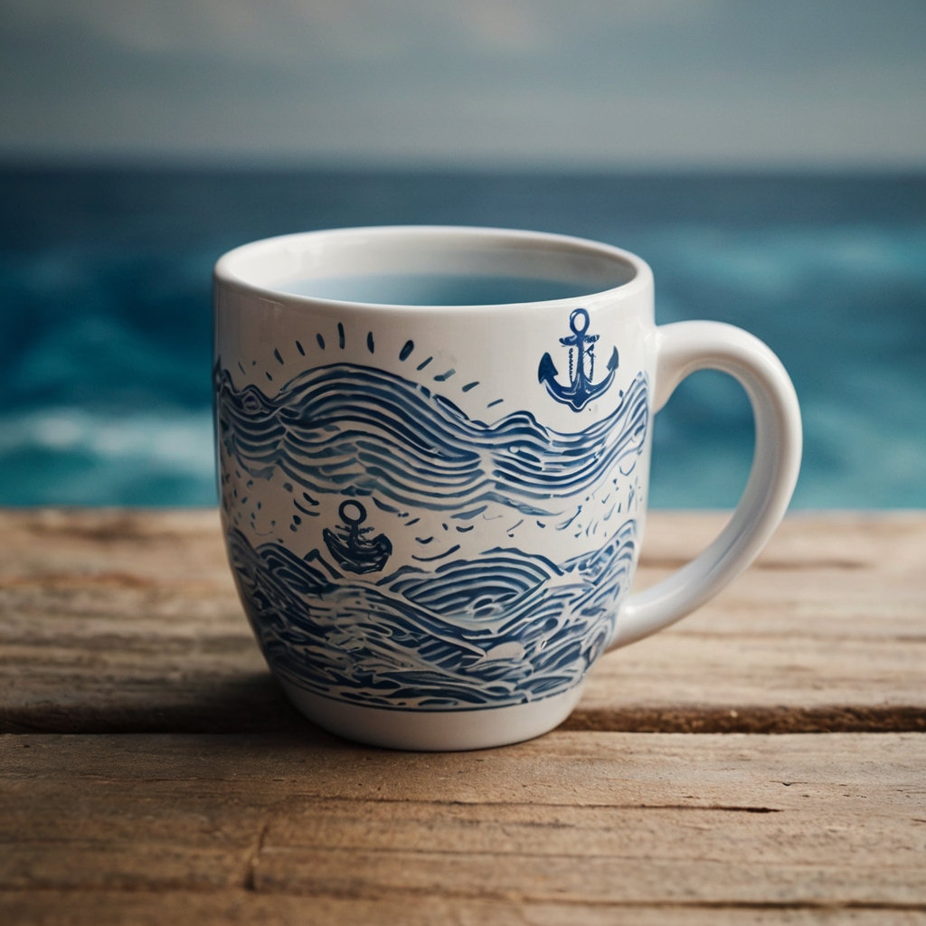 Serene ceramic mug with anchors and sailboats, set against a glossy surface with soft lighting to enhance its coastal vibe.