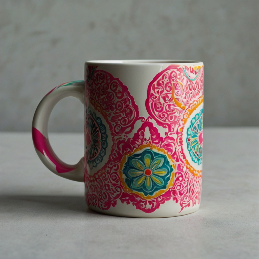 Ceramic mug with bold neon colors in energetic patterns, reflecting bright light off its glossy surface for a modern, vibrant look.