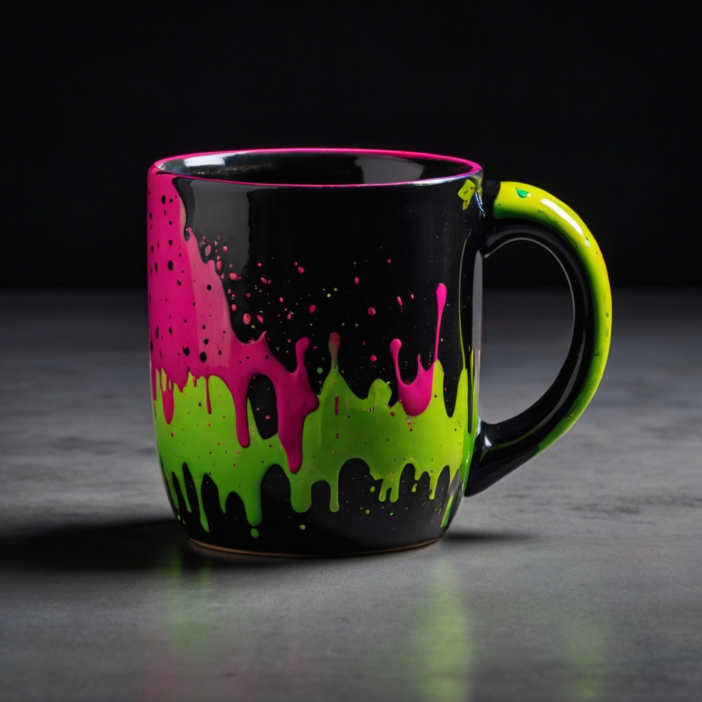 Bold neon paint splashes on a ceramic mug with vibrant pinks, yellows, and greens, illuminated by soft lighting to create an energetic vibe.