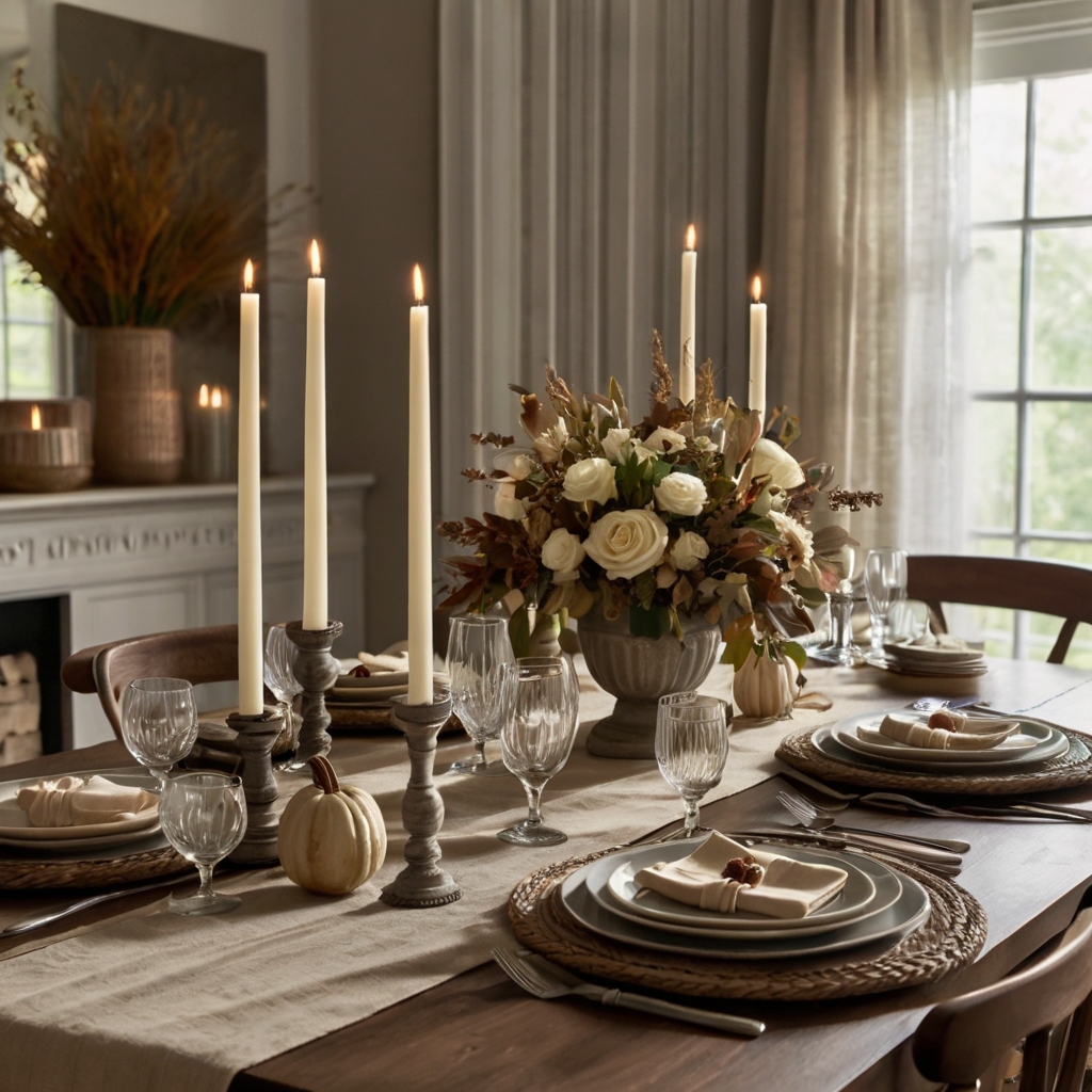 Neutral tones like beige and ivory offer a sophisticated, clean aesthetic. Tall white candles enhance the elegance of the setting, letting the food shine.