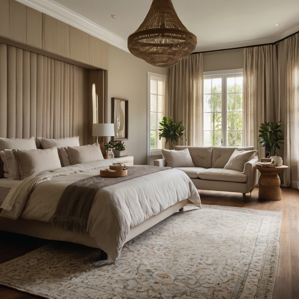 Serene bedroom with neutral shades of beige and gray, complemented by textured rugs for a harmonious look.