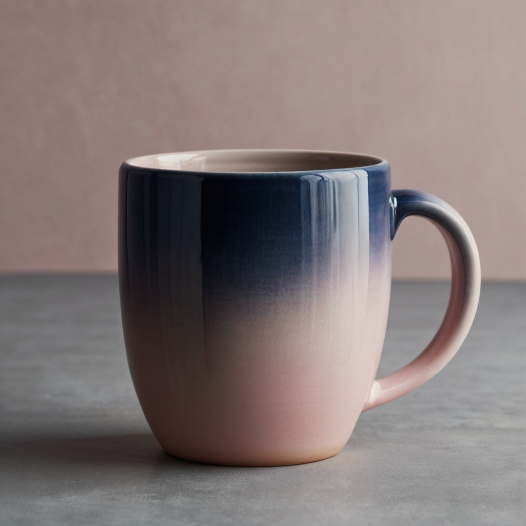 Ceramic mug with a smooth ombre gradient, transitioning from navy blue to pastel pink, under soft daylight for a subtle effect.