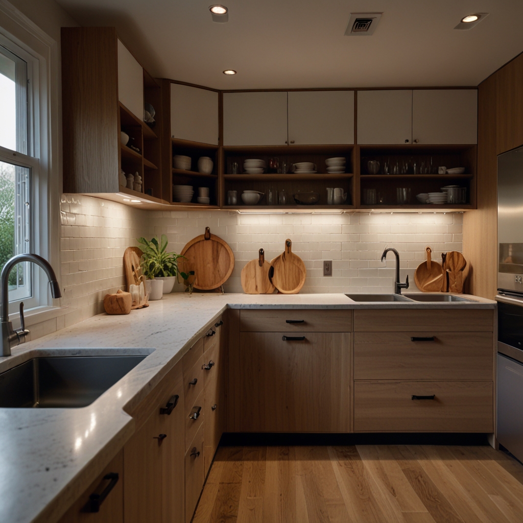 Open shelves display neatly arranged dishes and glassware, adding an airy, modern touch. A trendy look with an industrial vibe.