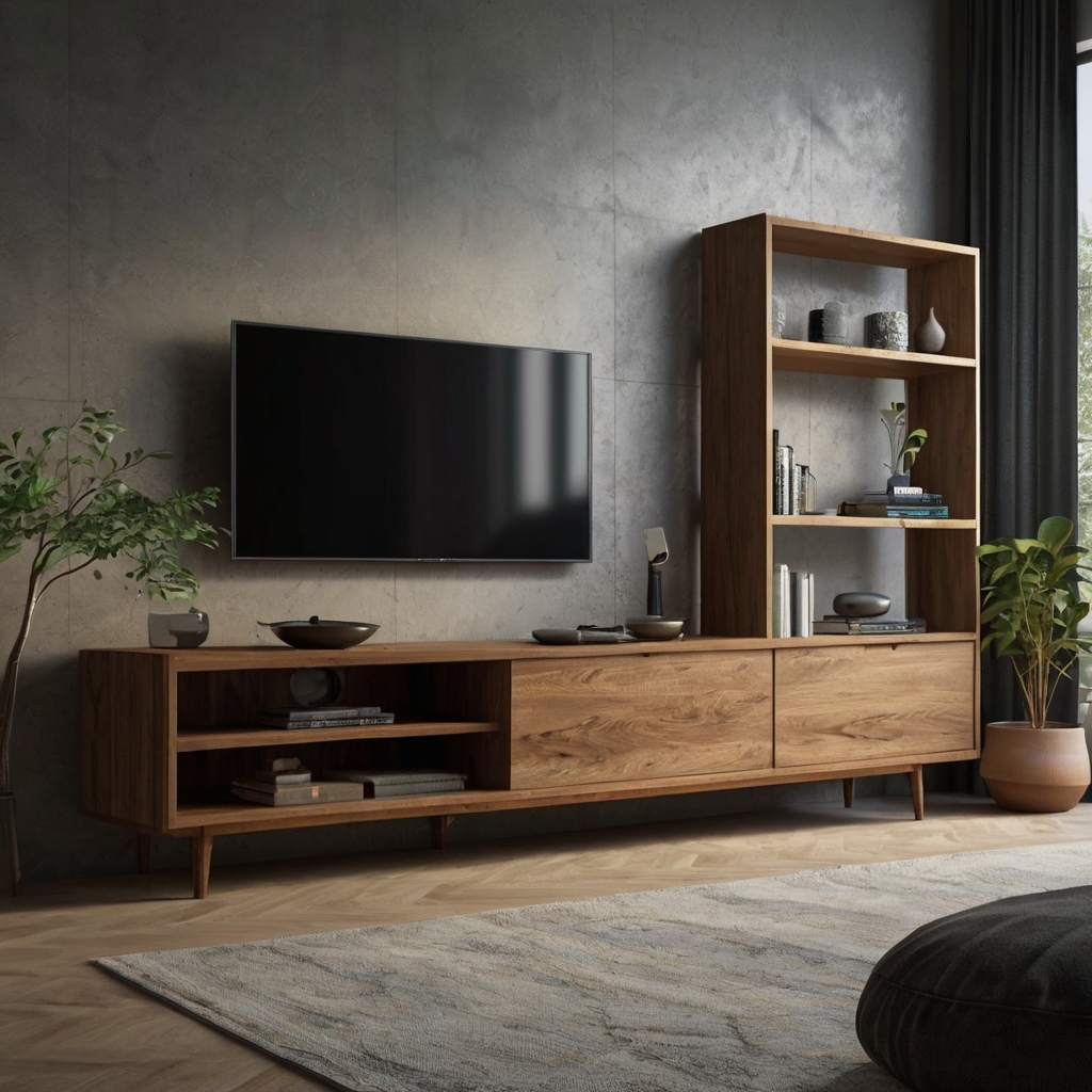 An open-concept TV unit with expansive shelving and no doors, creating an accessible, airy design. Ideal for large living rooms with open floor plans.