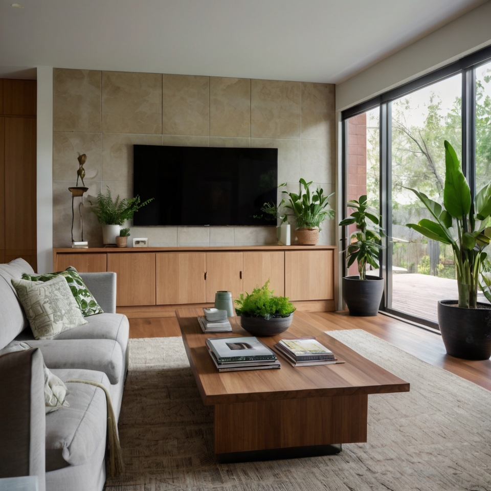 Modern, open-concept TV room with an area rug and cozy seating. Bright daylight illuminates the neutral decor and greenery.